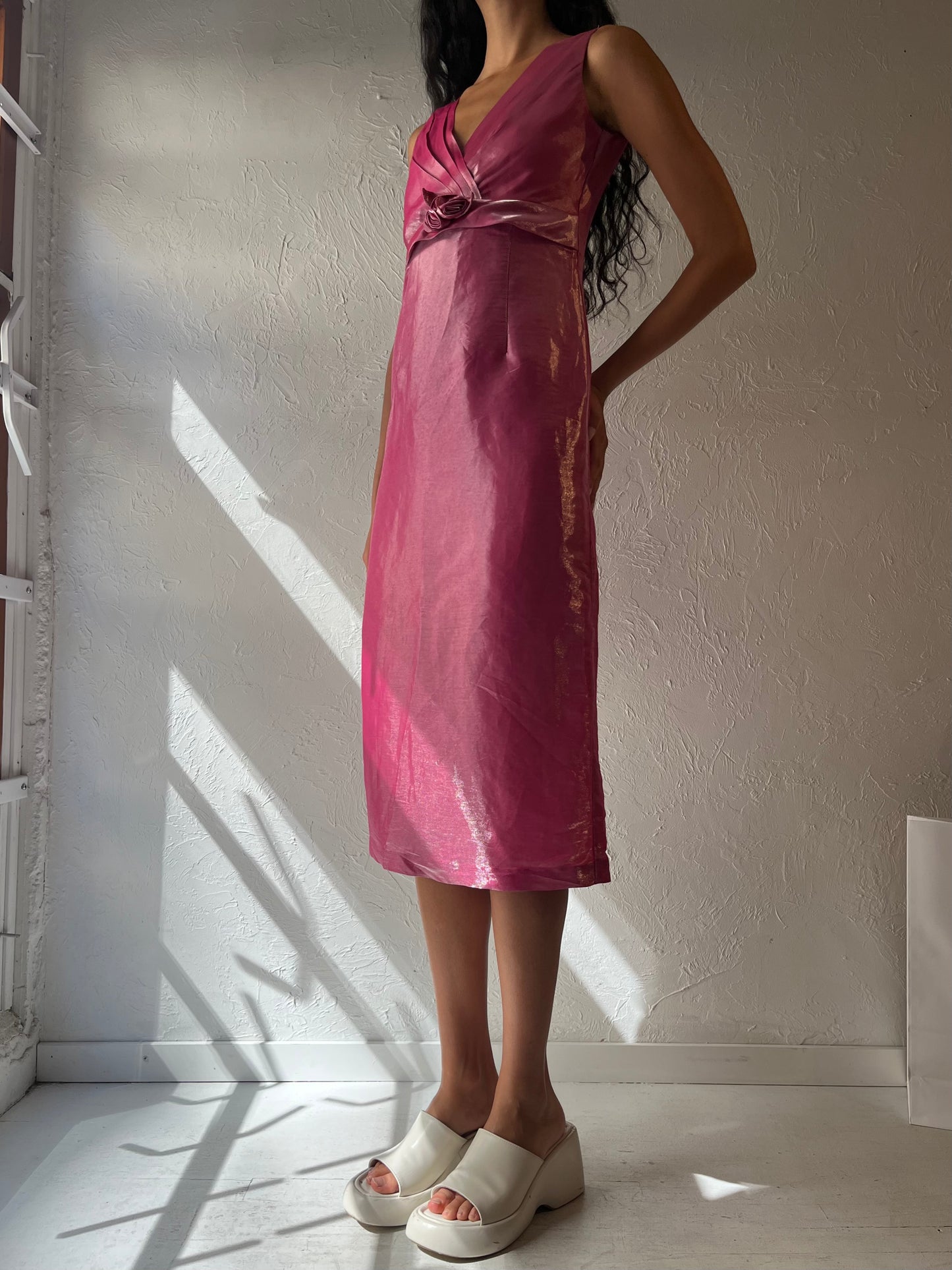 Vintage Shiny Pink Midi Dress / Small