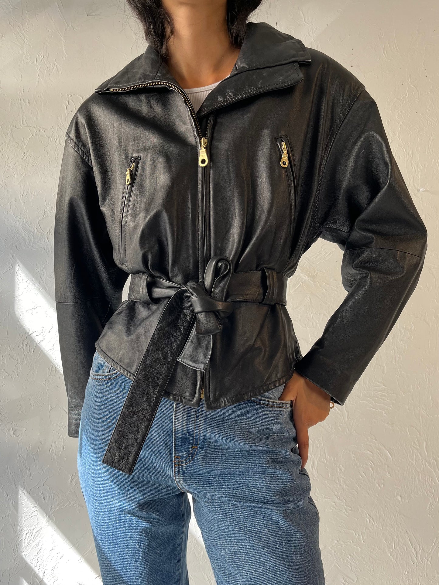 90s 'Wilsons' Black Leather Jacket / Medium