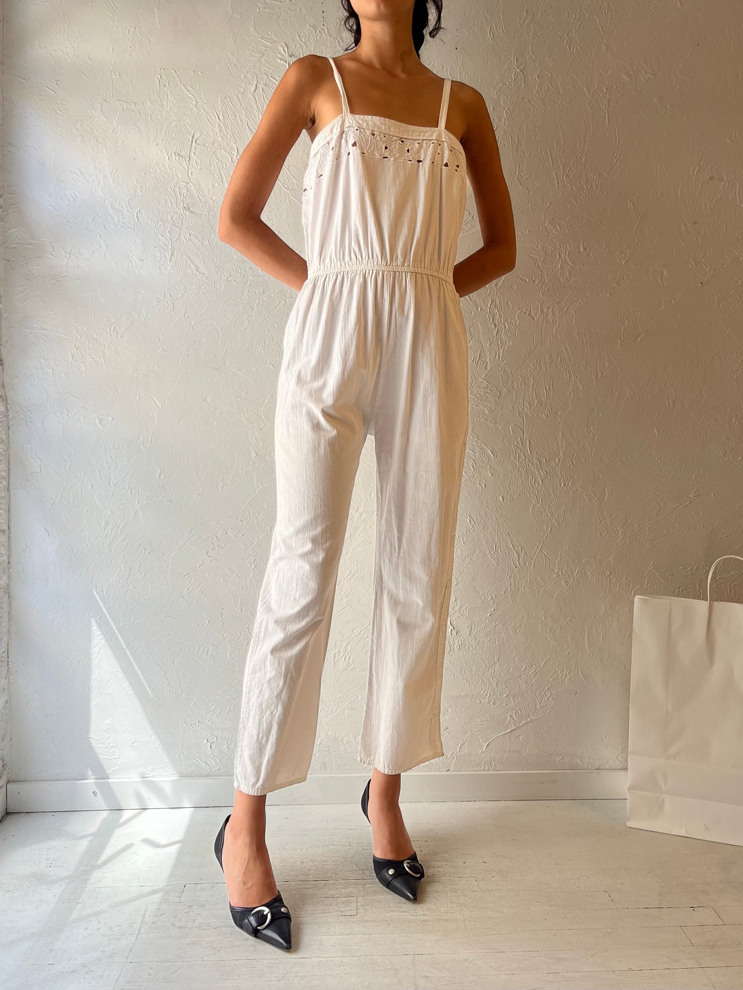 70s 'Marianne' White Cotton Jumpsuit / Small