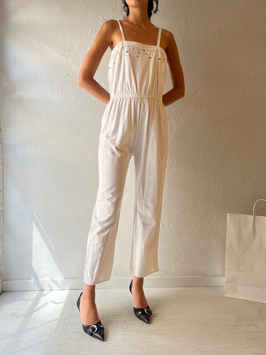 70s 'Marianne' White Cotton Jumpsuit / Small