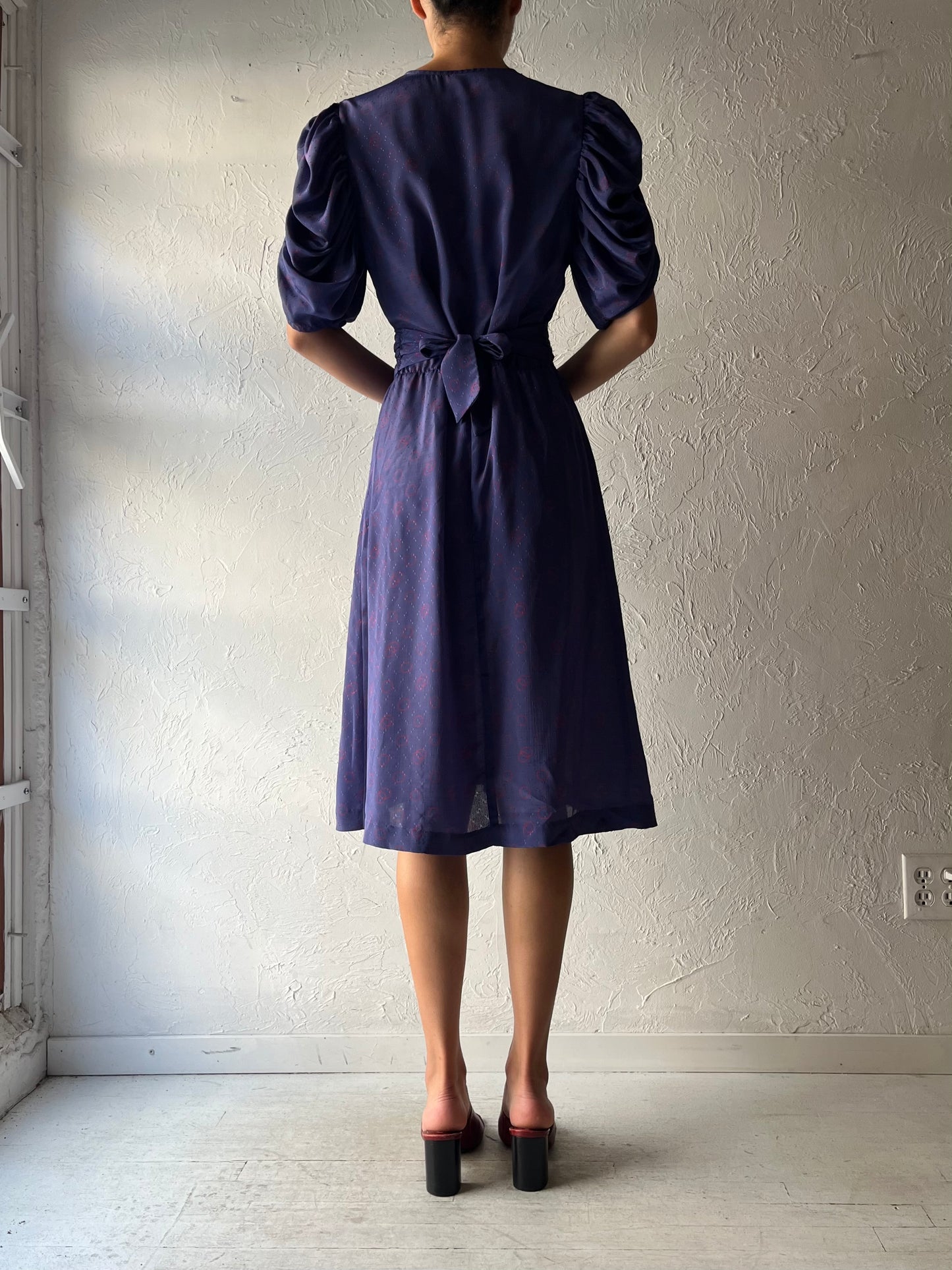 80s 'Meira' Puff Sleeve Retro Midi Dress / Small