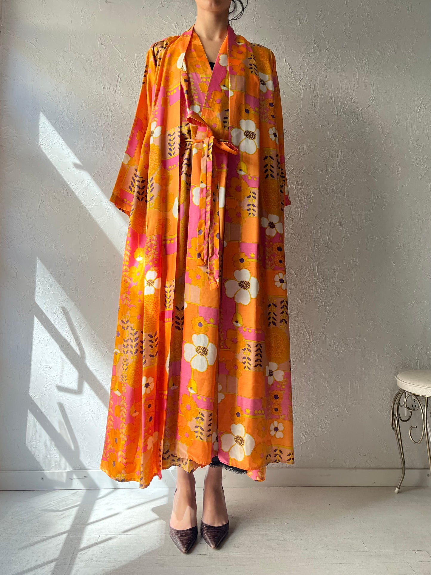 70s 'Kayser' Floral Robe Wrap Hippie Retro Dress / Large