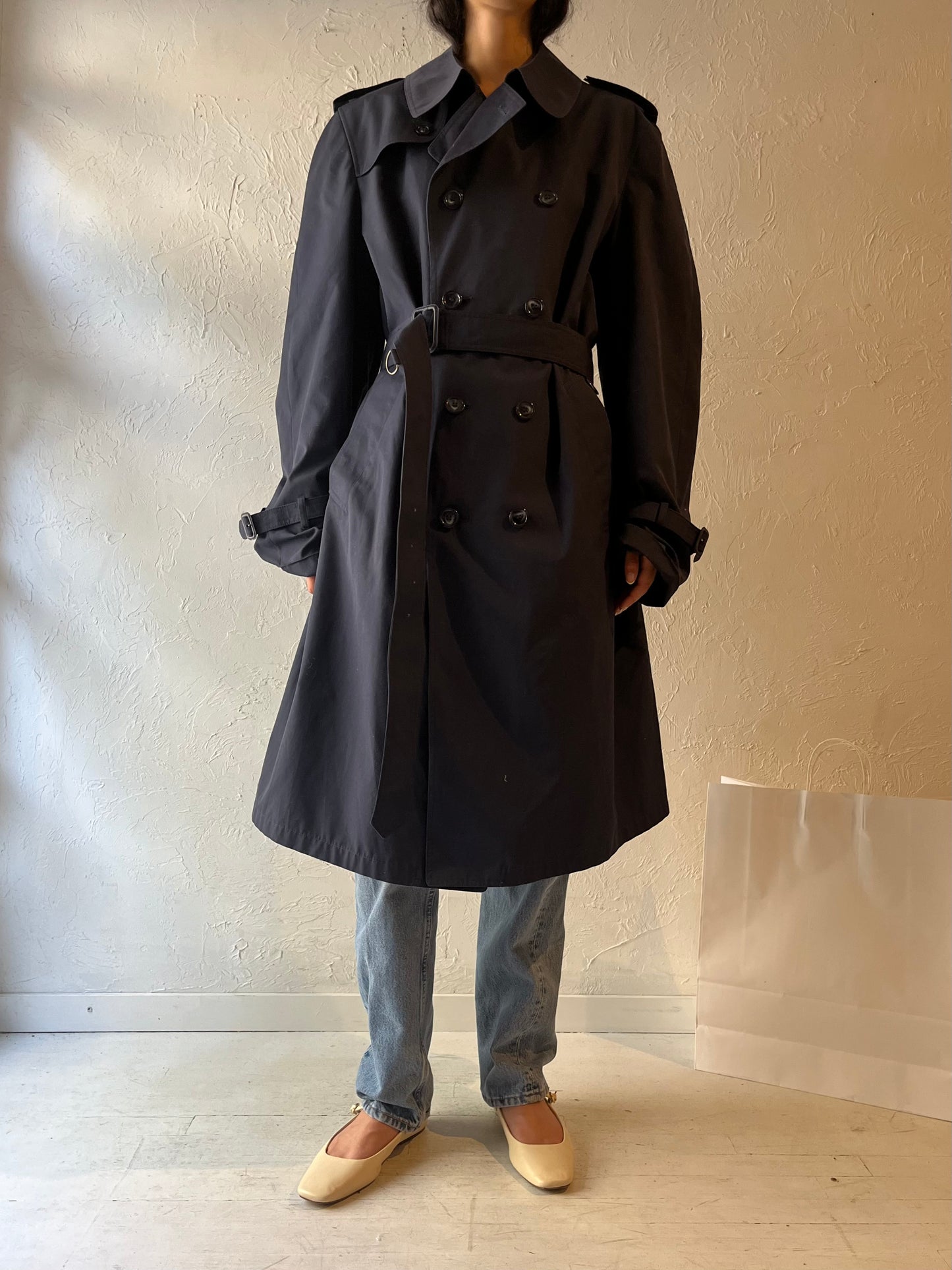 90s 'London Fog' Navy Blue Trench Coat / Large