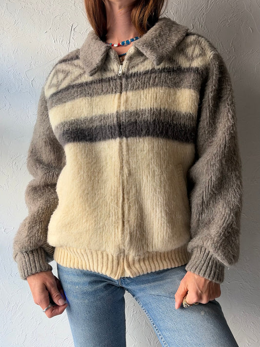 80s 'Nanook' Wool Knit Zip Up Shearling Lined Nordic Fair Isle Grandpa Core Sweater Jacket / Medium