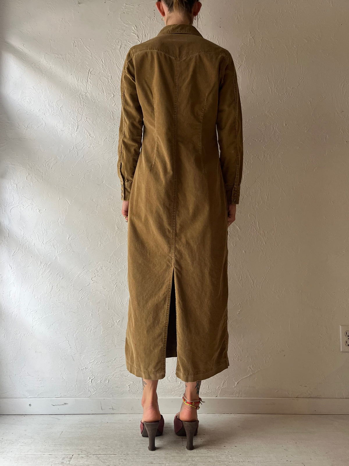 90s 'Eddie Bauer' Tan Corduroy  Western Cottagecore Fall Maxi Shirt Dress / Small