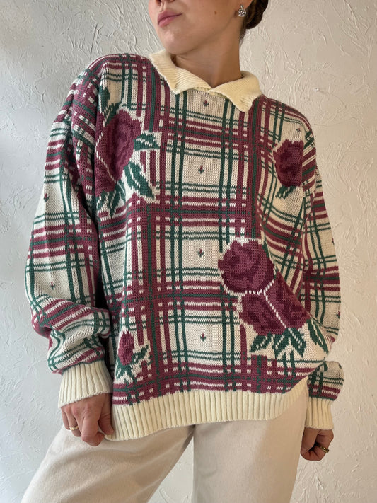 90s 'Cricket Lane' Floral Acrylic Knit Sweater / Medium