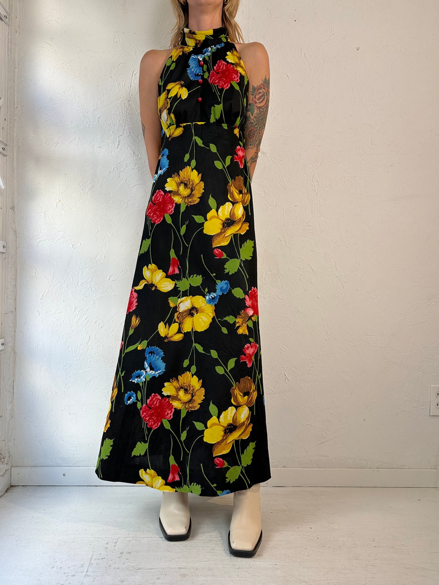 70s Handmade Black Floral Print Maxi Dress / Small