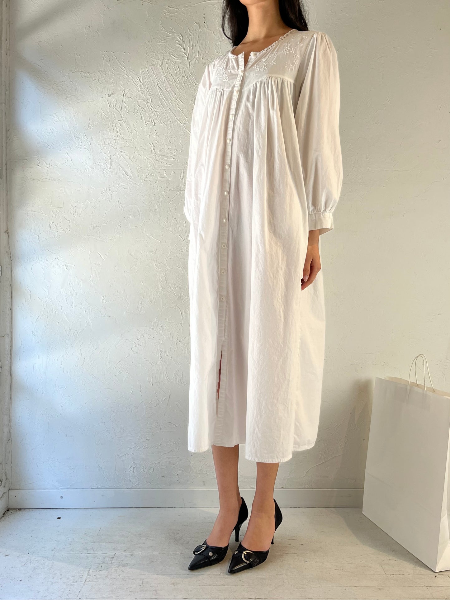 90s ‘Nice N Comfy’ White Cotton Dress / Small