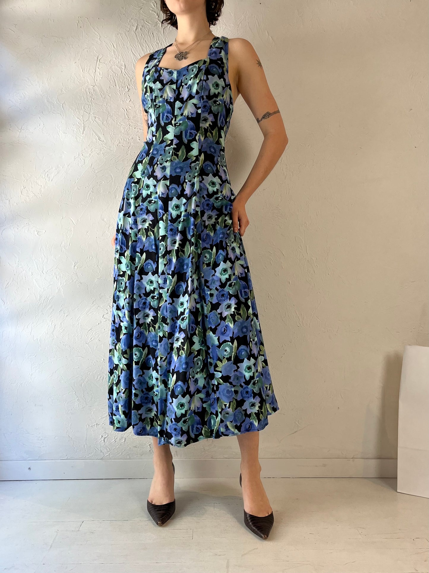 90s 'All That Jazz' Blue Floral Print Dress / Medium