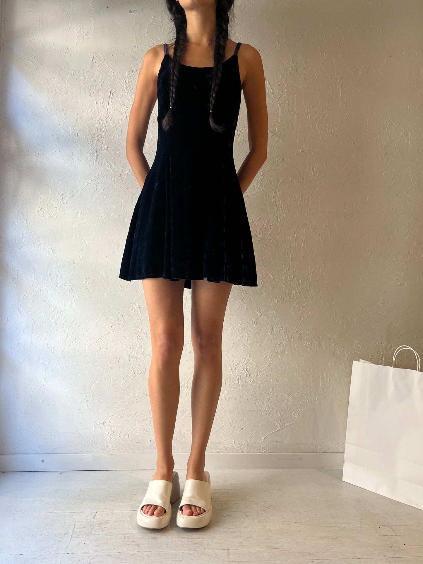 90s ‘Limbo’ Navy Blue Crushed Velvet Mini Dress / Small