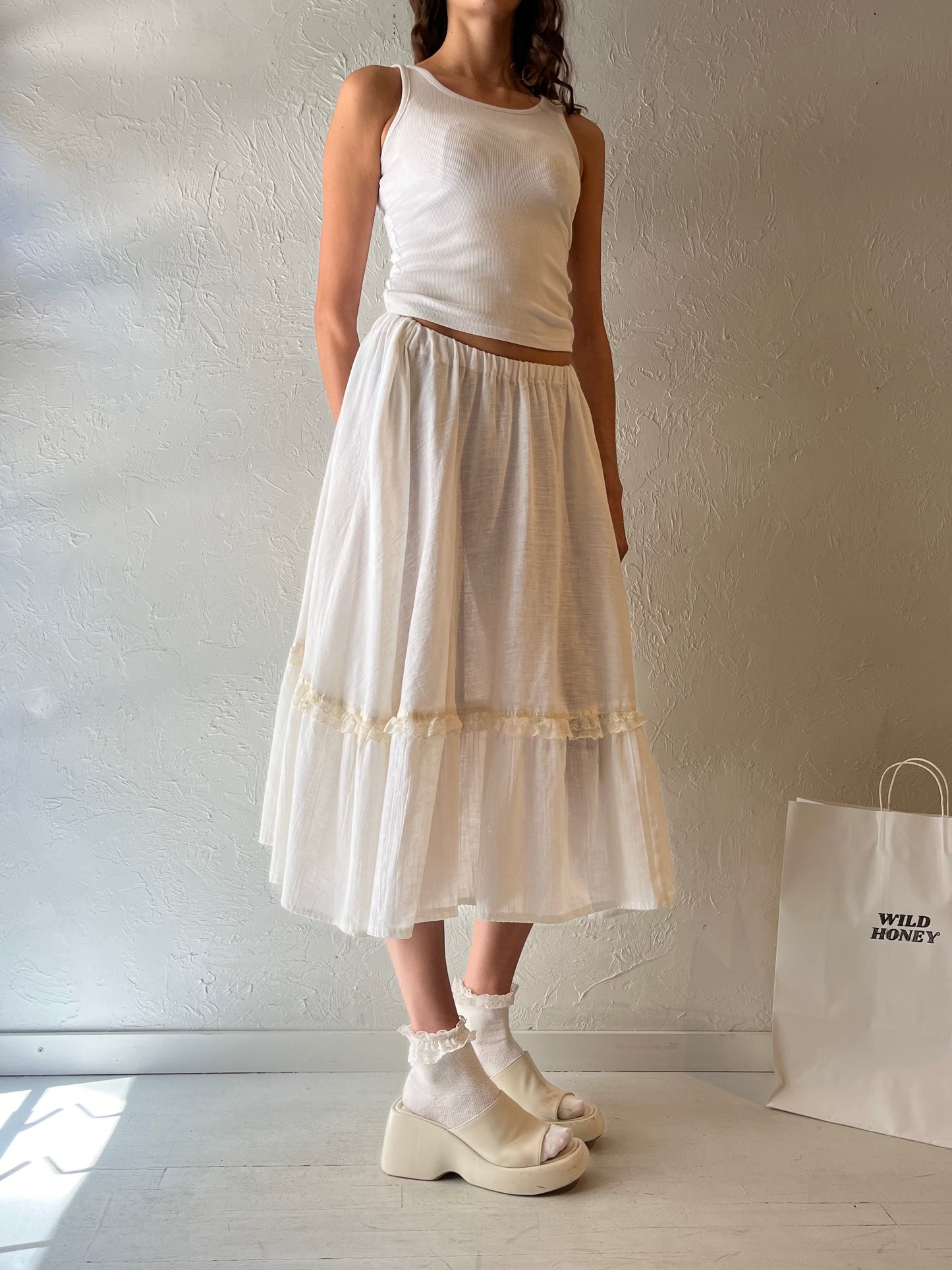 Vintage Handmade White Cotton Gauze Peasant Skirt / Small