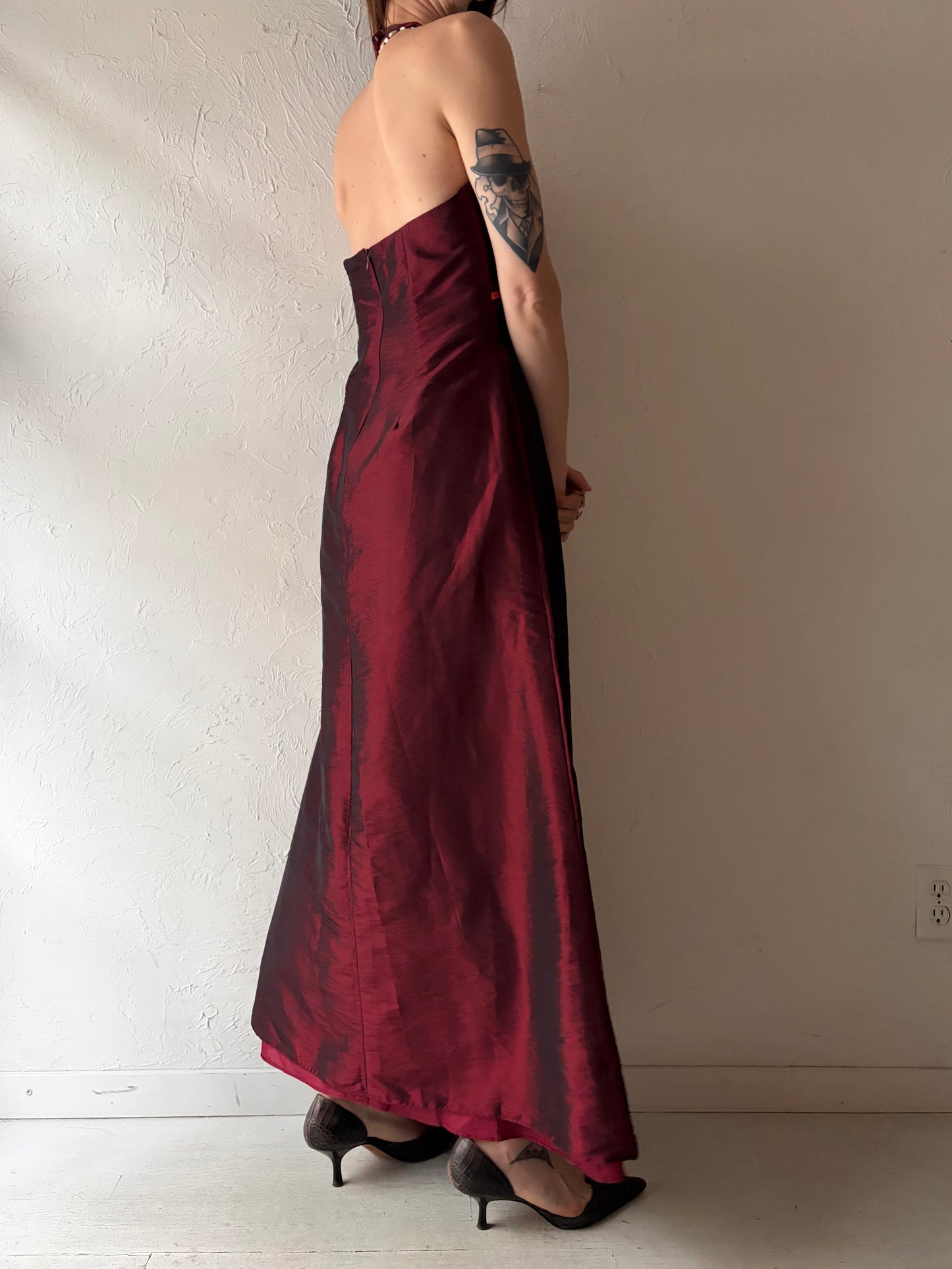 Y2k Vintage Red Metallic Formal Prom Halter Maxi Dress / Medium