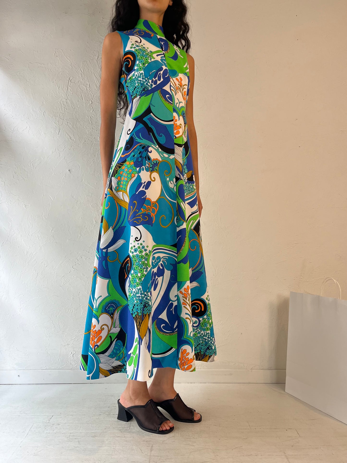 70s 'Miss Joey' Blue Retro Patterned Maxi Dress / Medium