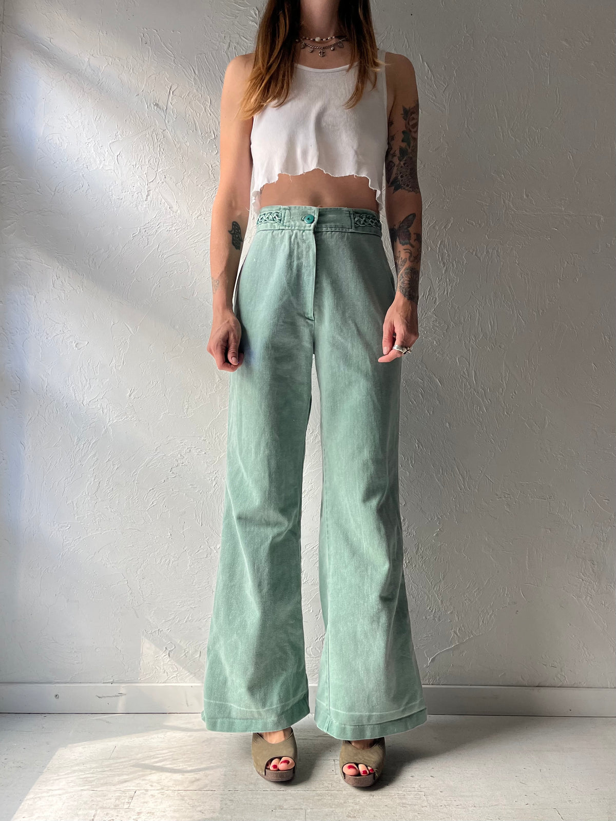 70s 'Whats In A Name' Green Bell Bottom Retro Jeans / Small
