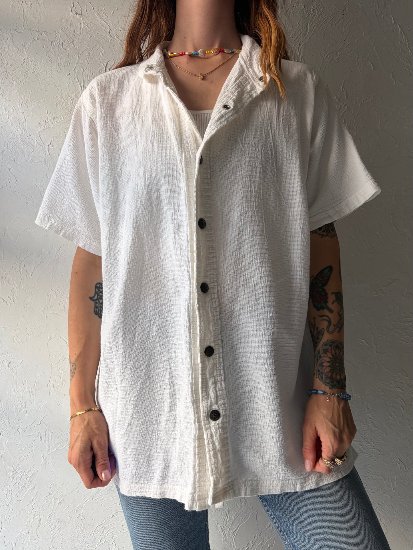 90s 'Ezze Wear' White Snap Up Cotton Shirt / Medium