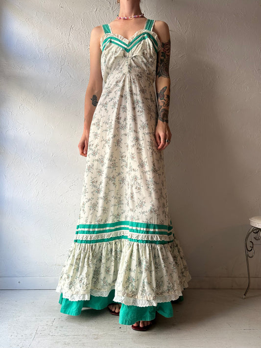 70s Handmade Floral Print Peasant Maxi Dress / Medium