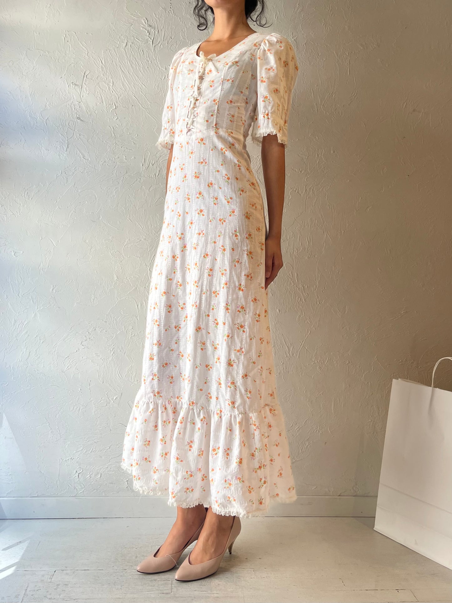 70s Handmade White Prairie Dress / Small