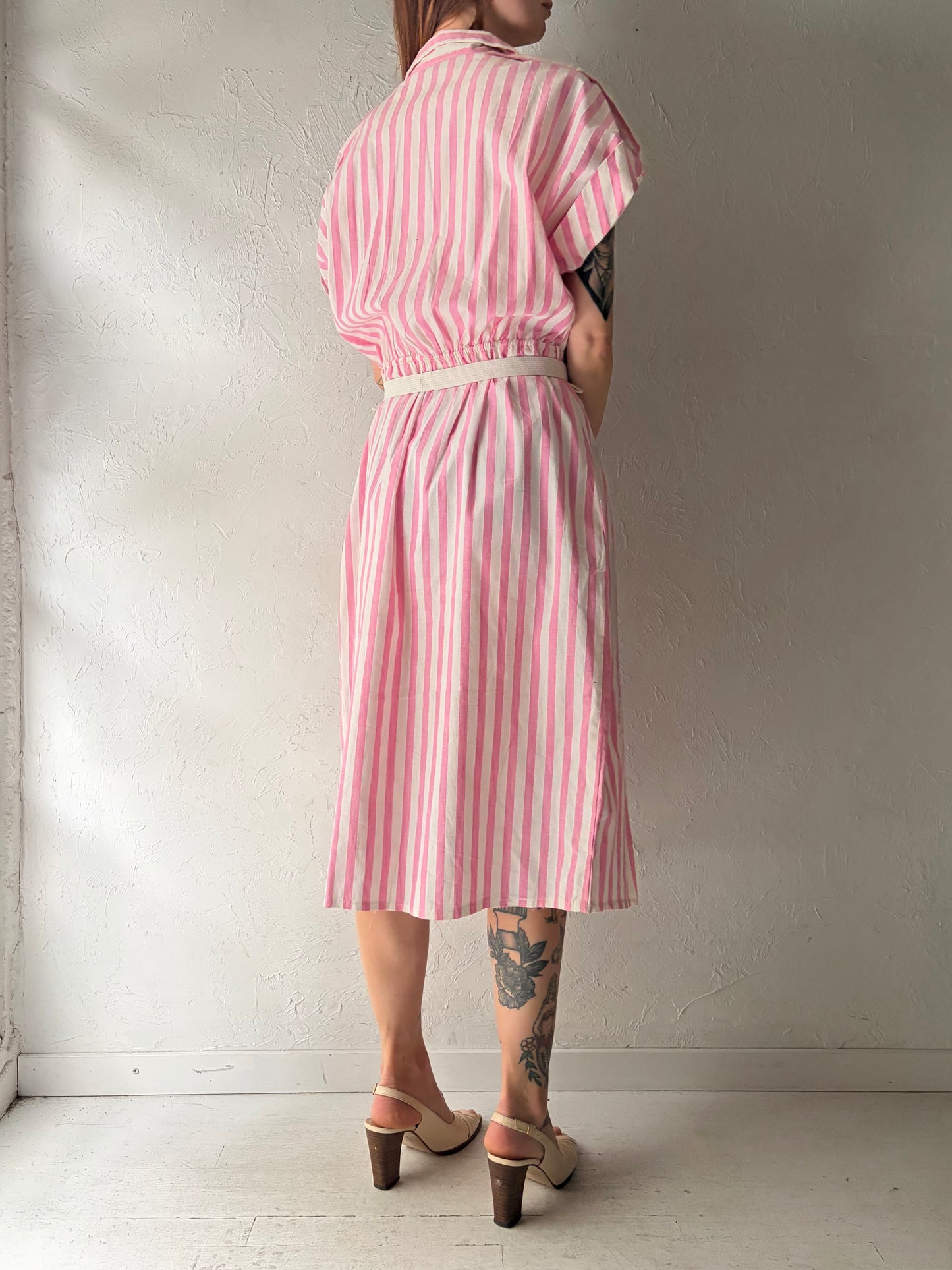 90s 'Sears Traditions' Dead Stock Vintage Pink Striped Collared Spring Dress / XL