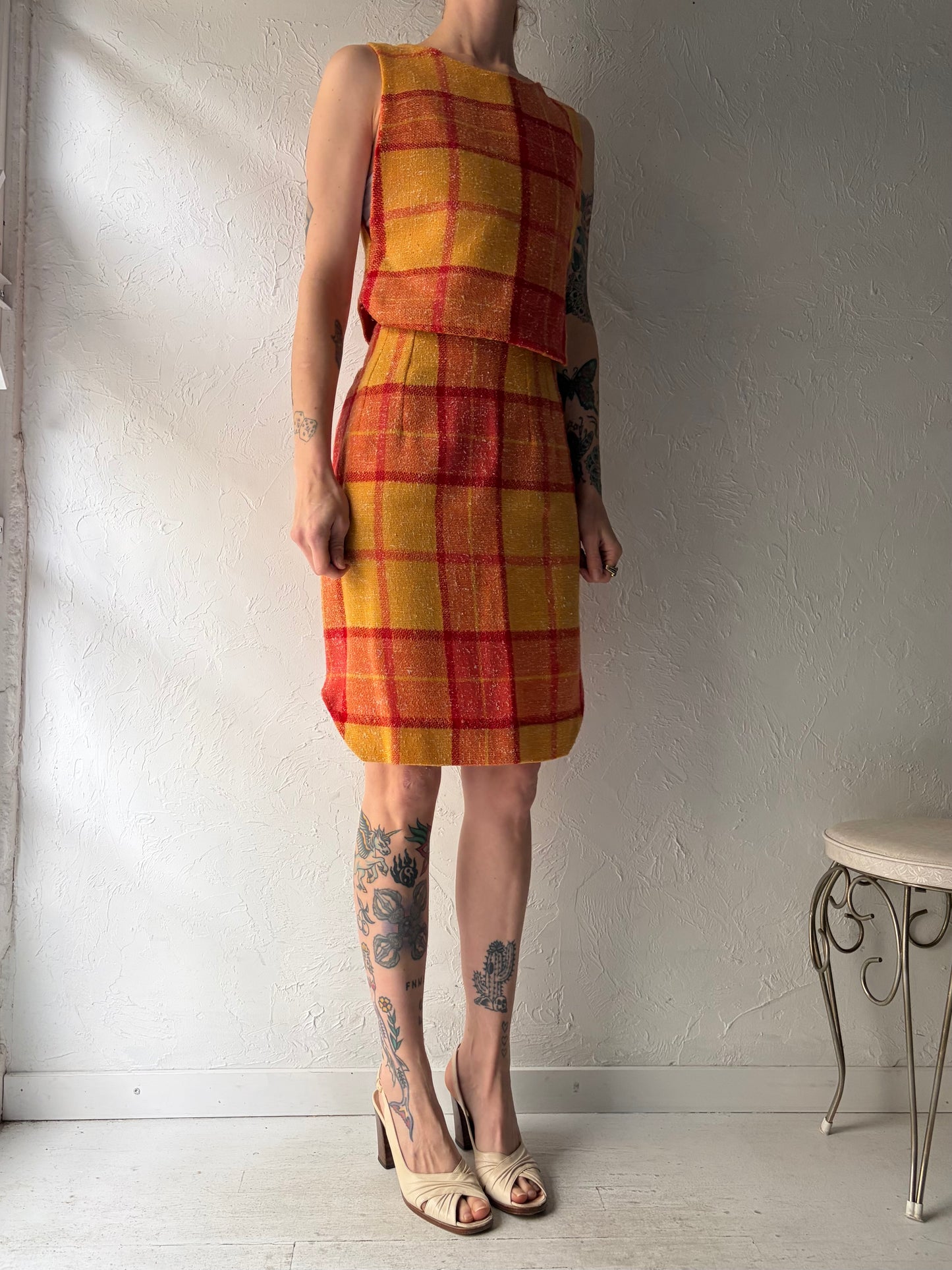 60s Handmade Plaid Skirt and Top Set / XS