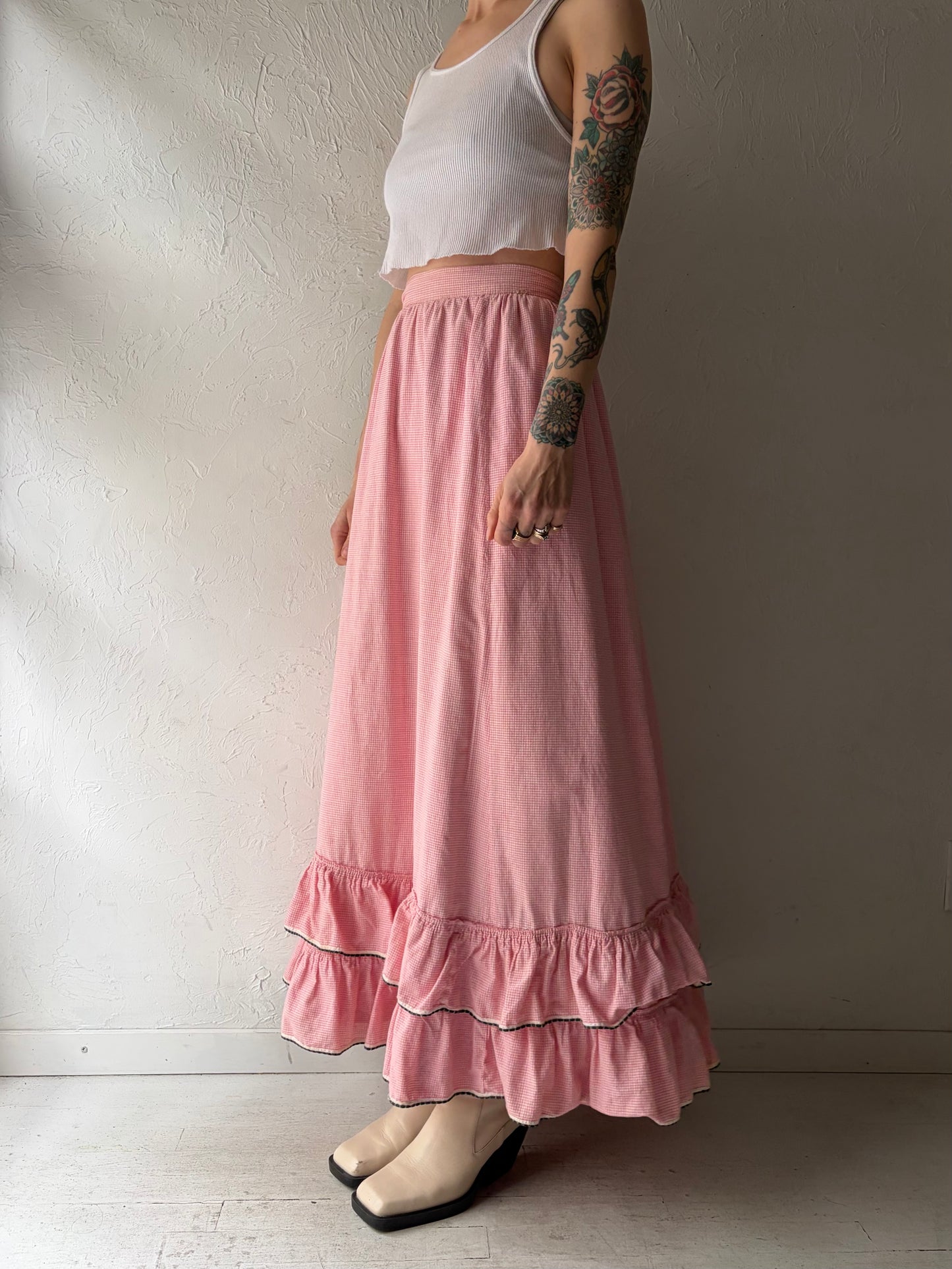 60s / 70s Handmade Pink Gingham Peasant Maxi Skirt / XSmall