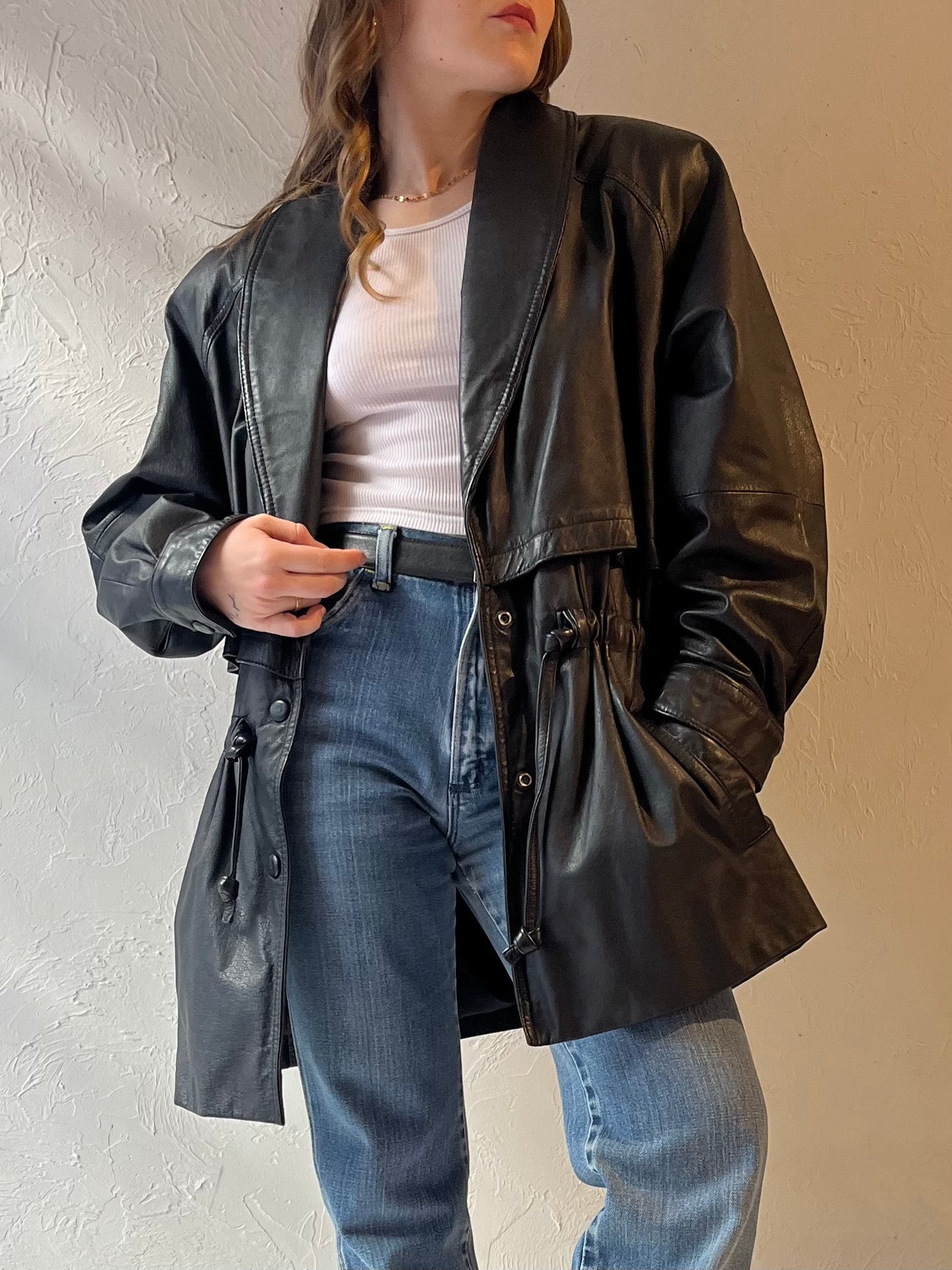 90s 'Wilsons' Black Leather Drawstring Jacket / Medium