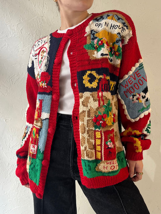 90s 'The Eagle's Eye' Cotton Ramie Novelty Knit Cardigan Sweater / Medium