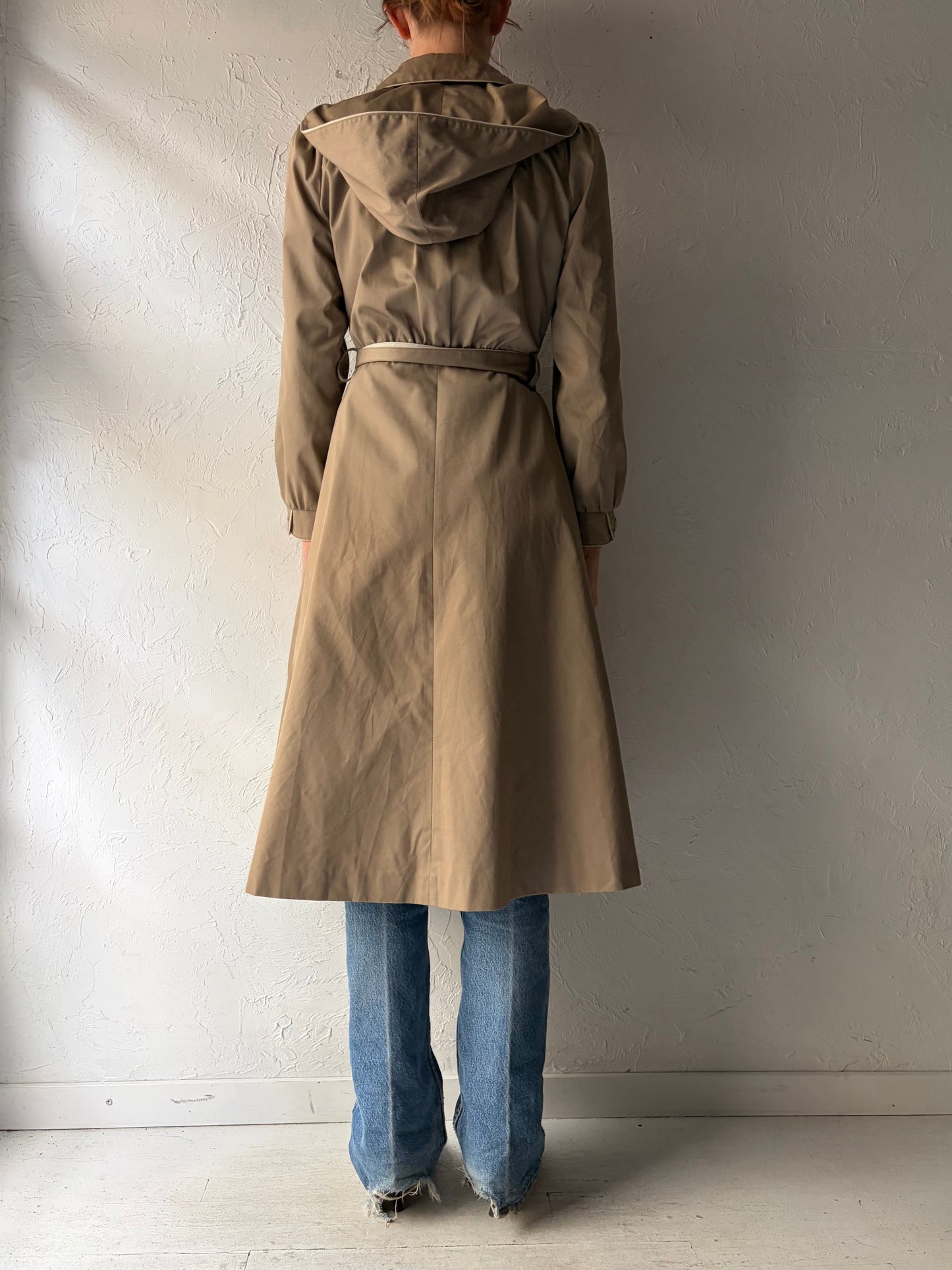 80s 'ICI' Vintage Beige Hooded Sping Trench Coat / Small