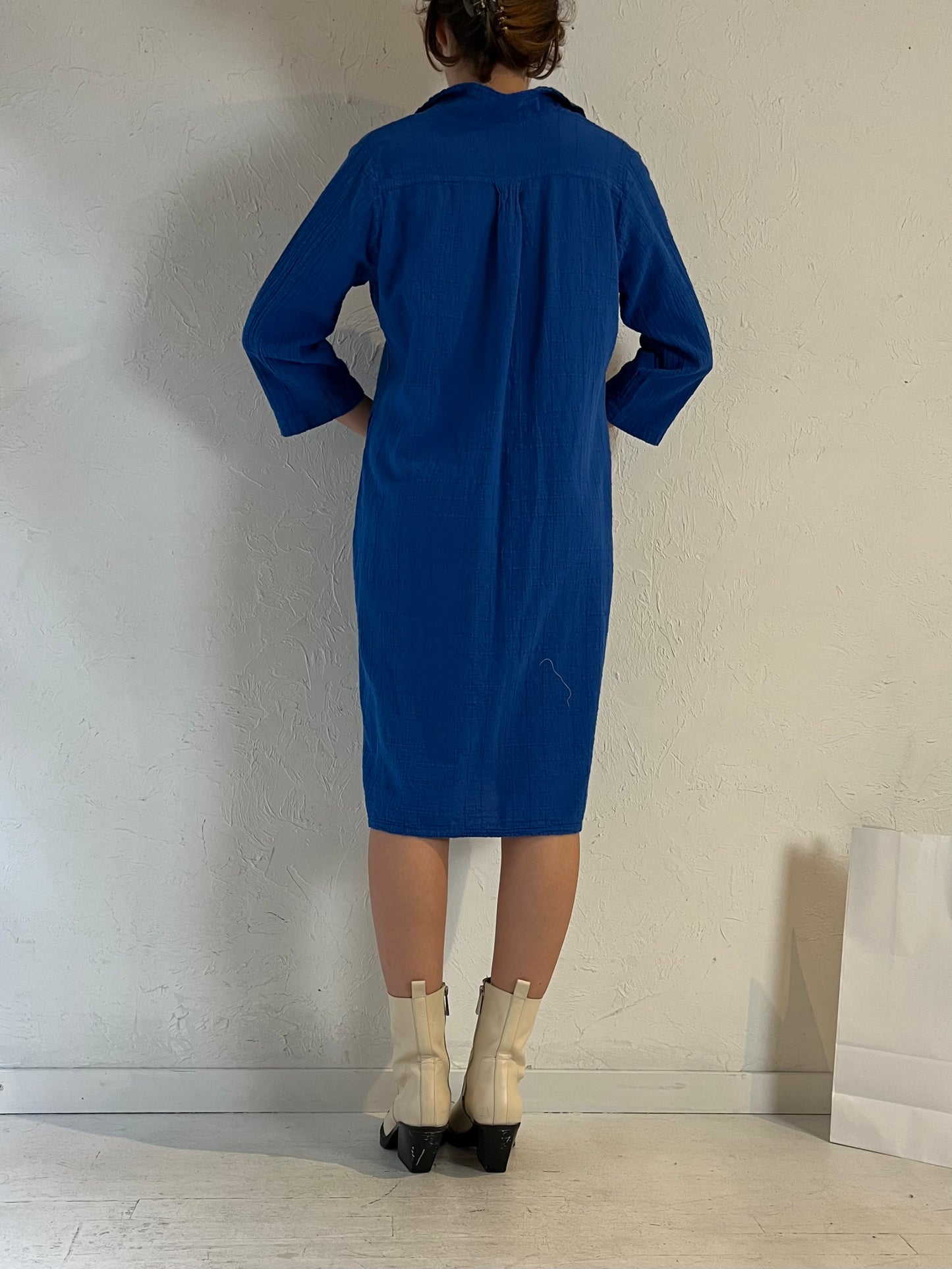 90s 'Ezzewear' Blue Snap Up Midi Dress / Medium