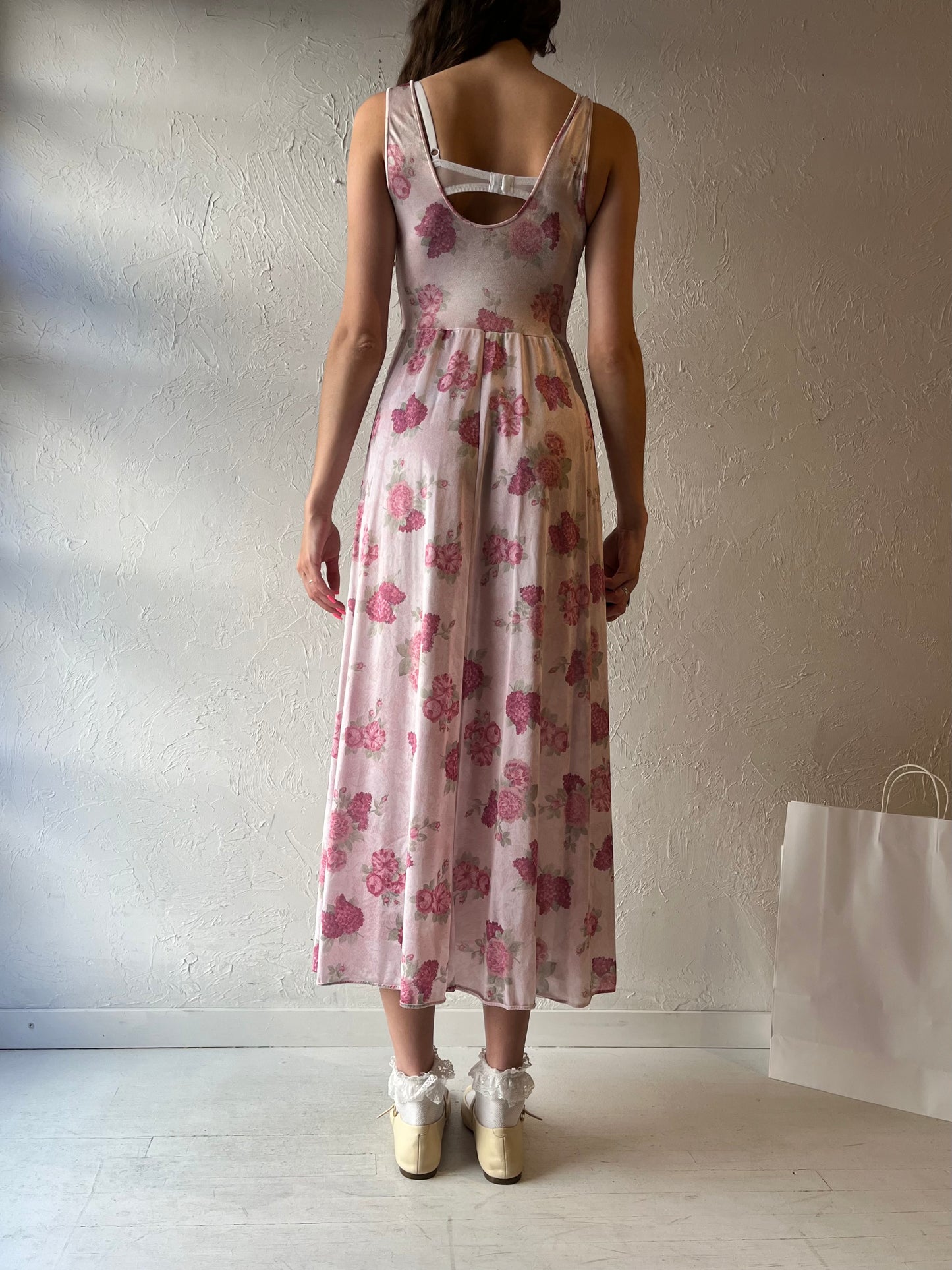 70s 'Olga' Pink Floral Slip Dress / Small