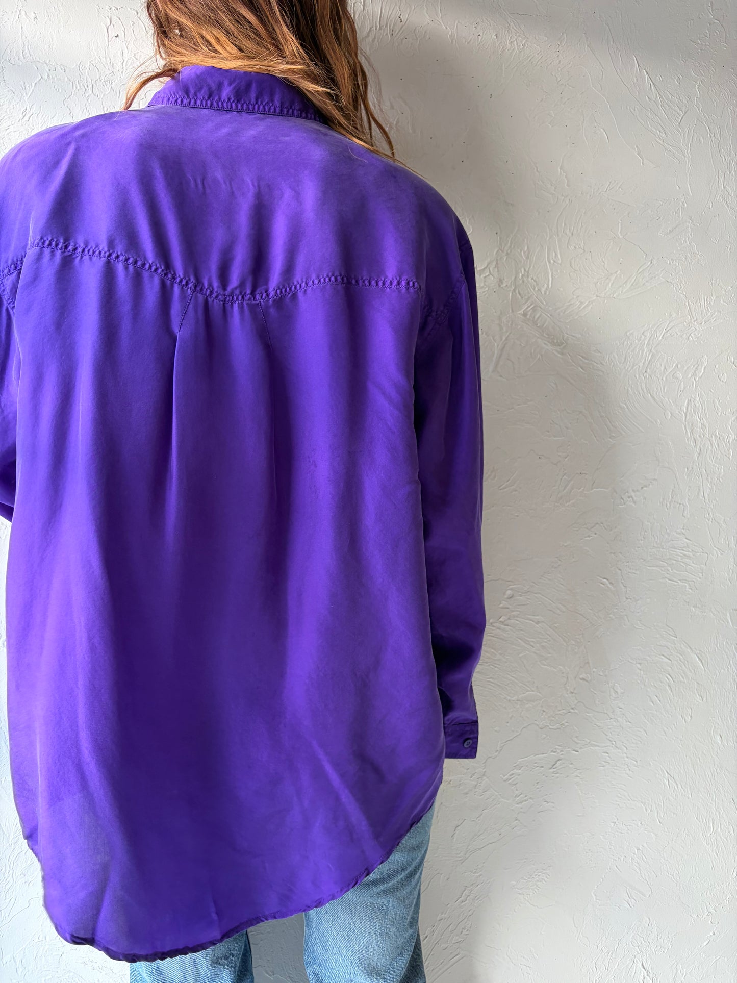 90s 'Paris Sport Club' Purple Silk Button Up Shirt / Medium