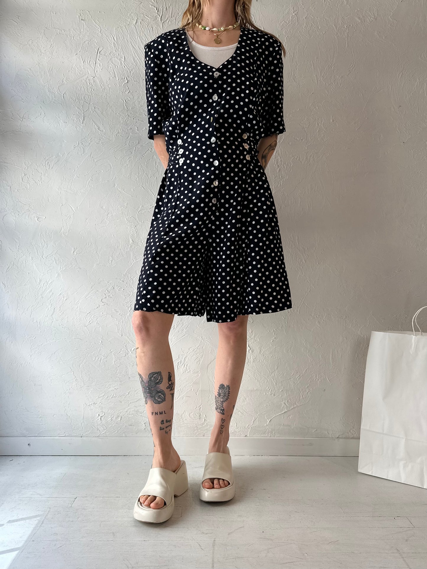 90s 'New Horizons' Polka Dot Rayon Romper / Medium