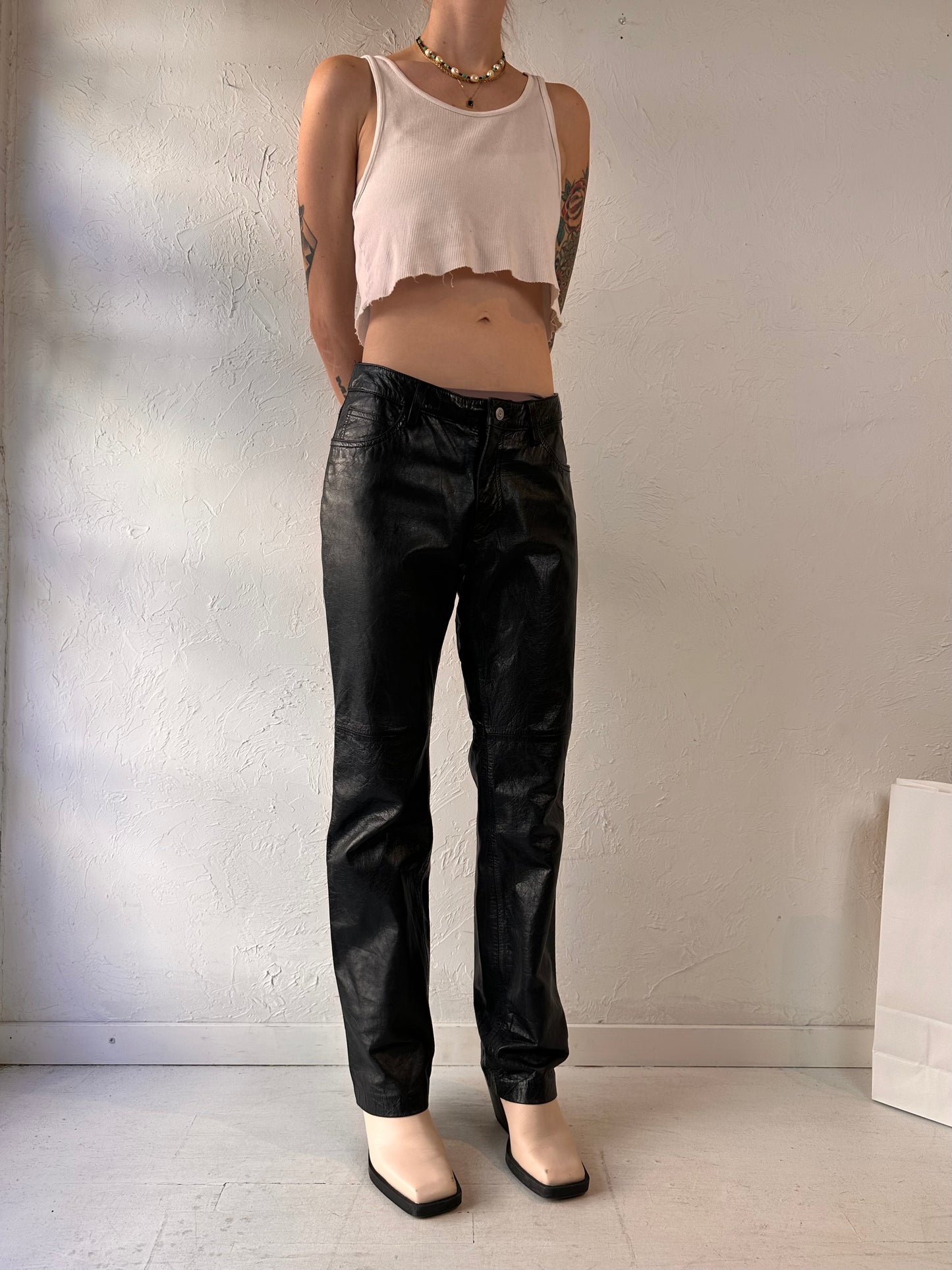 Y2k 'Gap' Black Leather Boot Cut Pants / Medium