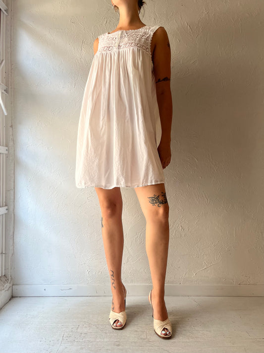 Vintage 'Eileen West' White Lace Cotton Mini Dress / Medium