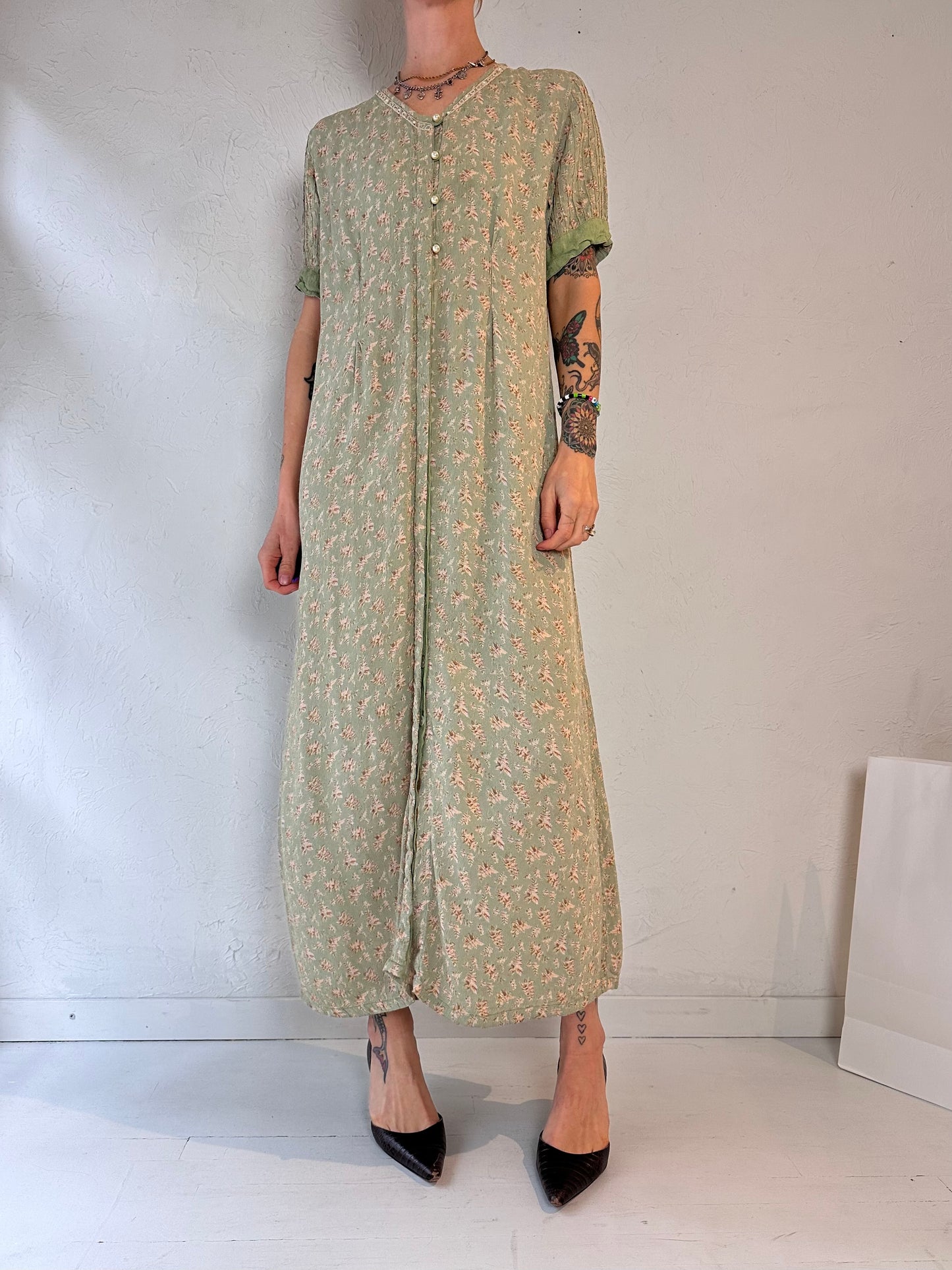 90s 'April Cornell' Green Floral Print Rayon Maxi Dress / Large