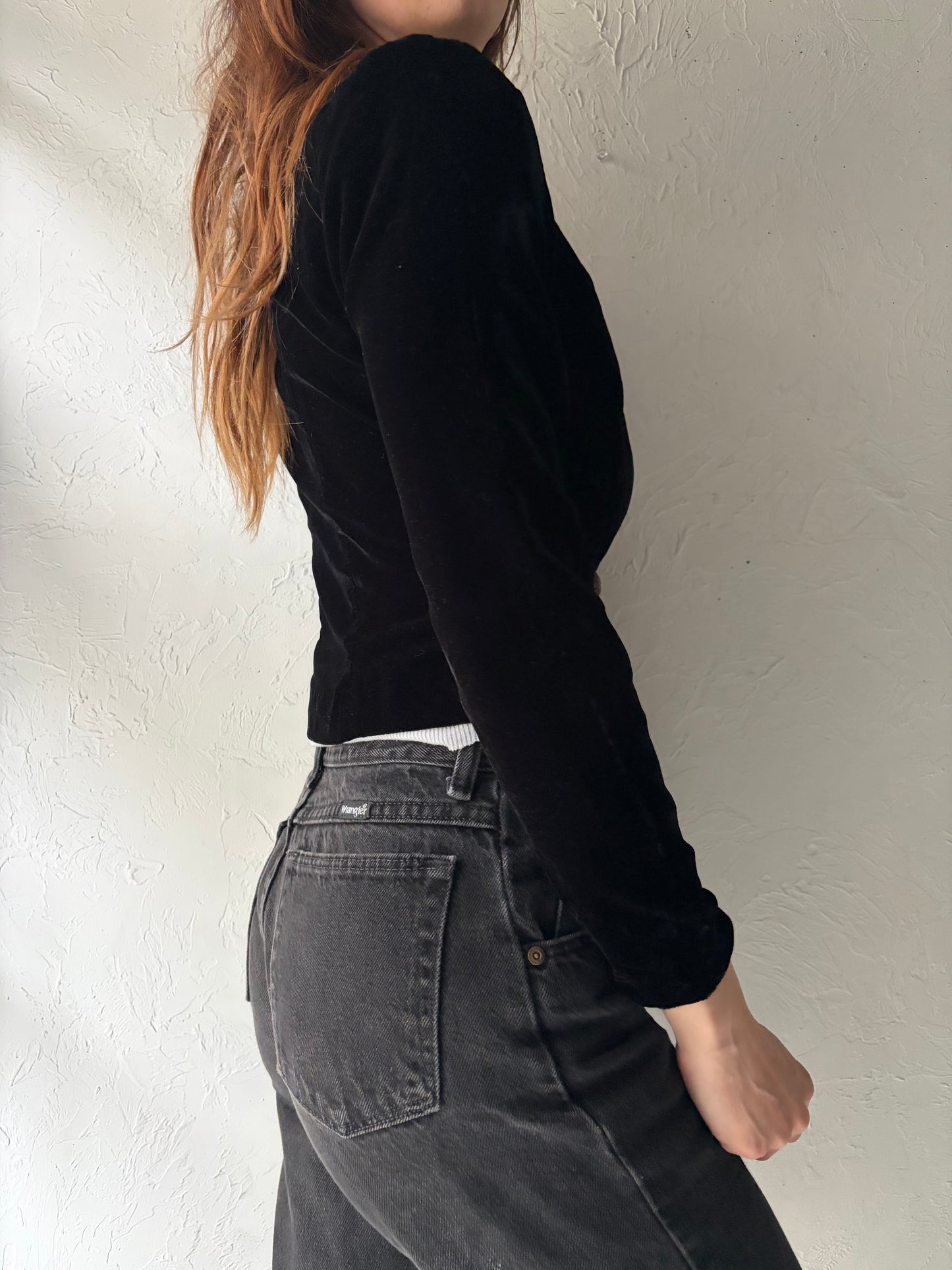80s 'Orite Petites' Black Velvet Party Blazer / Vintage 1980s Union Made Cropped Evening Jacket / Small