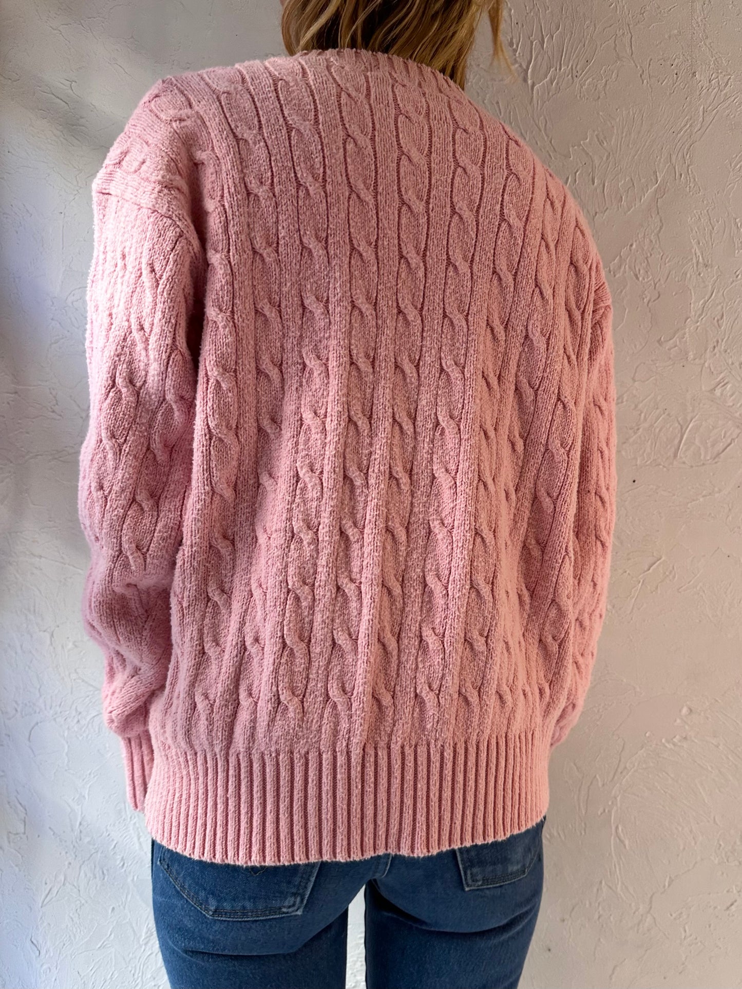 90s 'Ralph Lauren' Pink Cotton Cable Knit / Large