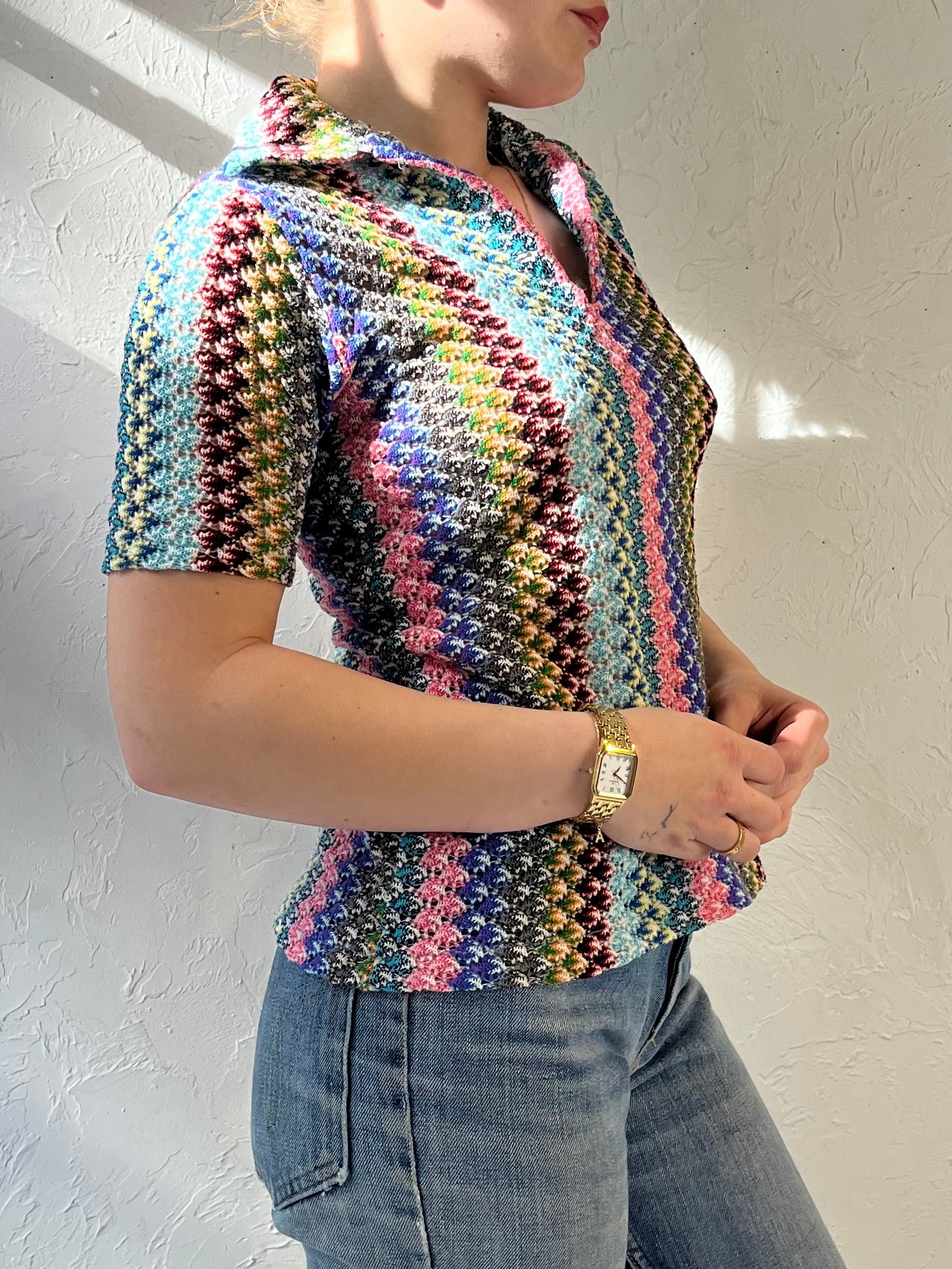 Vintage Rainbow Knit Collared top / Small