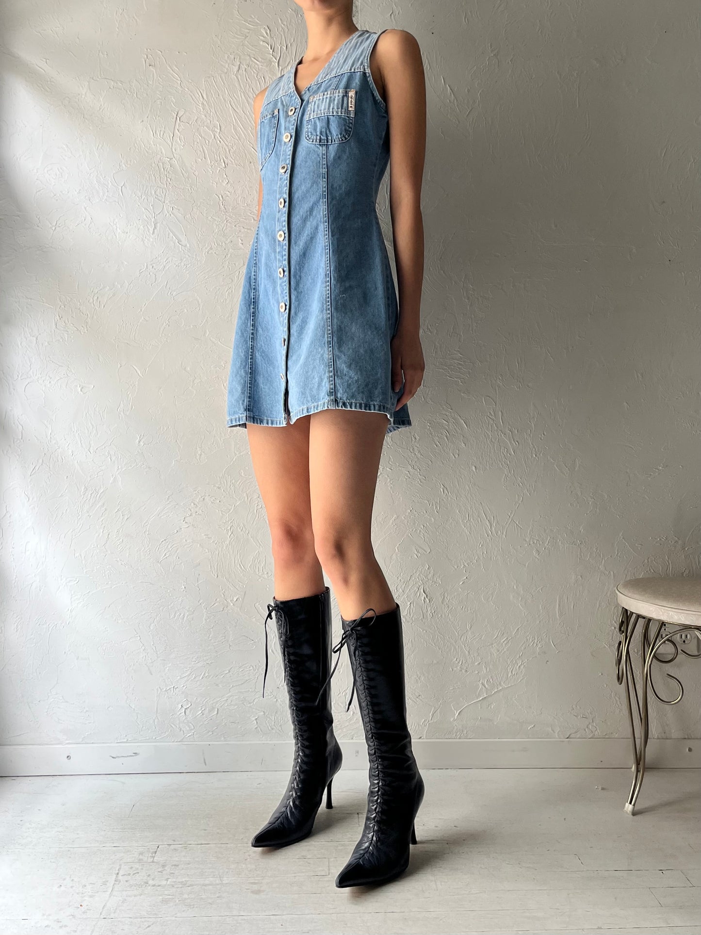 90s 'Nevada' Button Denim Western Mini Dress / Small