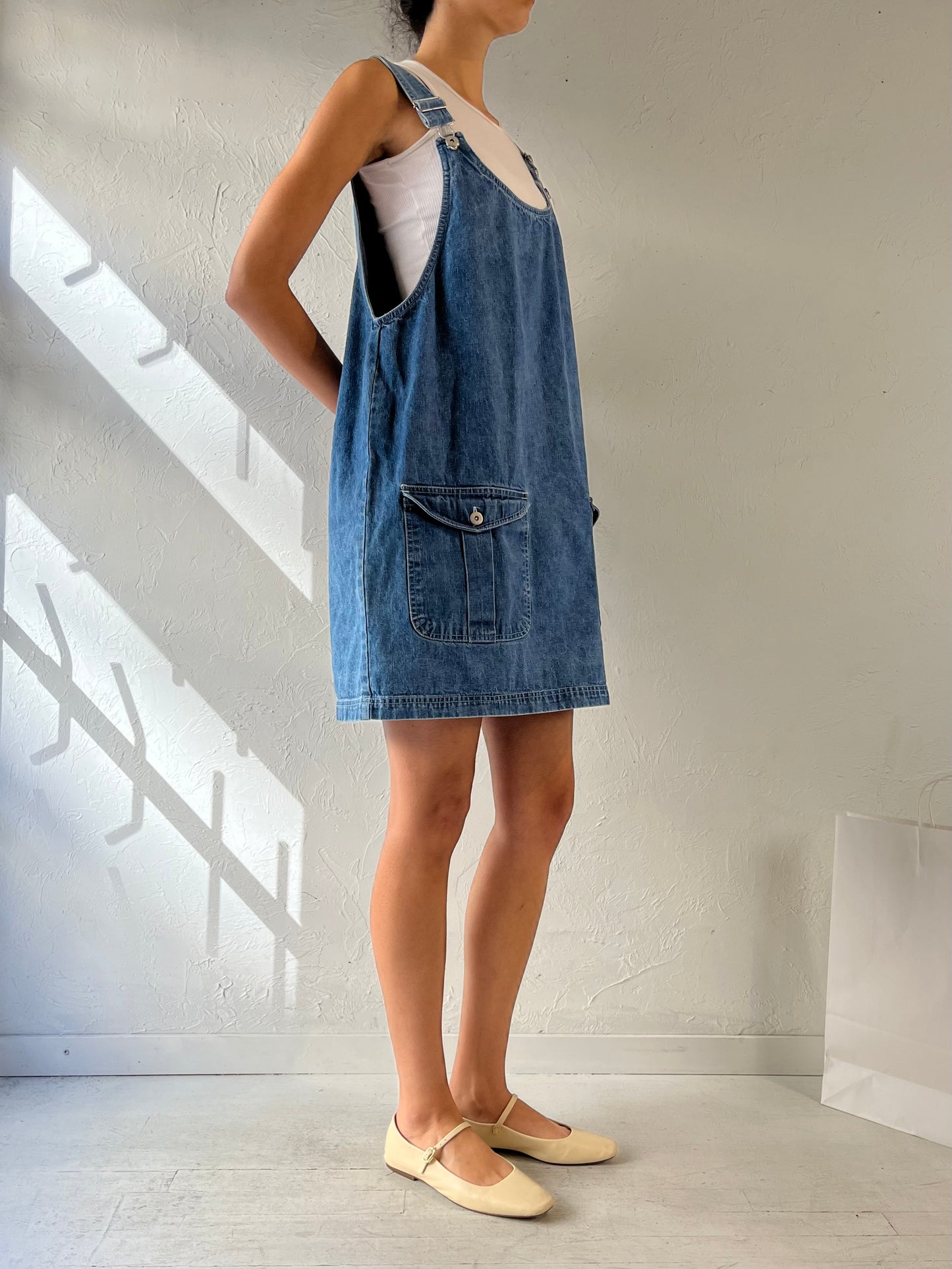 90s ‘Faded Glory’ Denim Mini Overall Dress / Medium