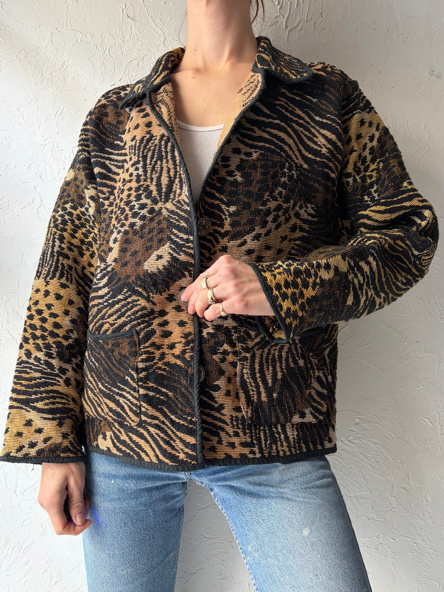 90s 'Jane Ashley' Animal Print Cotton Tapestry Jacket / Large