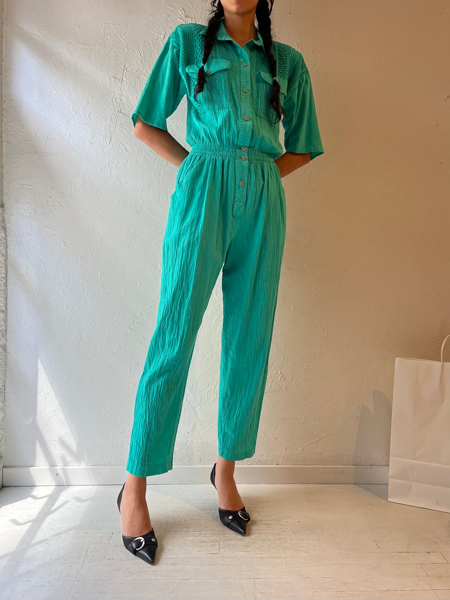 90s ‘Sea Suns’ Teal Collared Jumpsuit / Medium