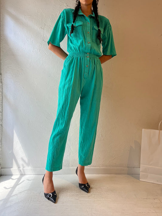 90s ‘Sea Suns’ Teal Collared Jumpsuit / Medium