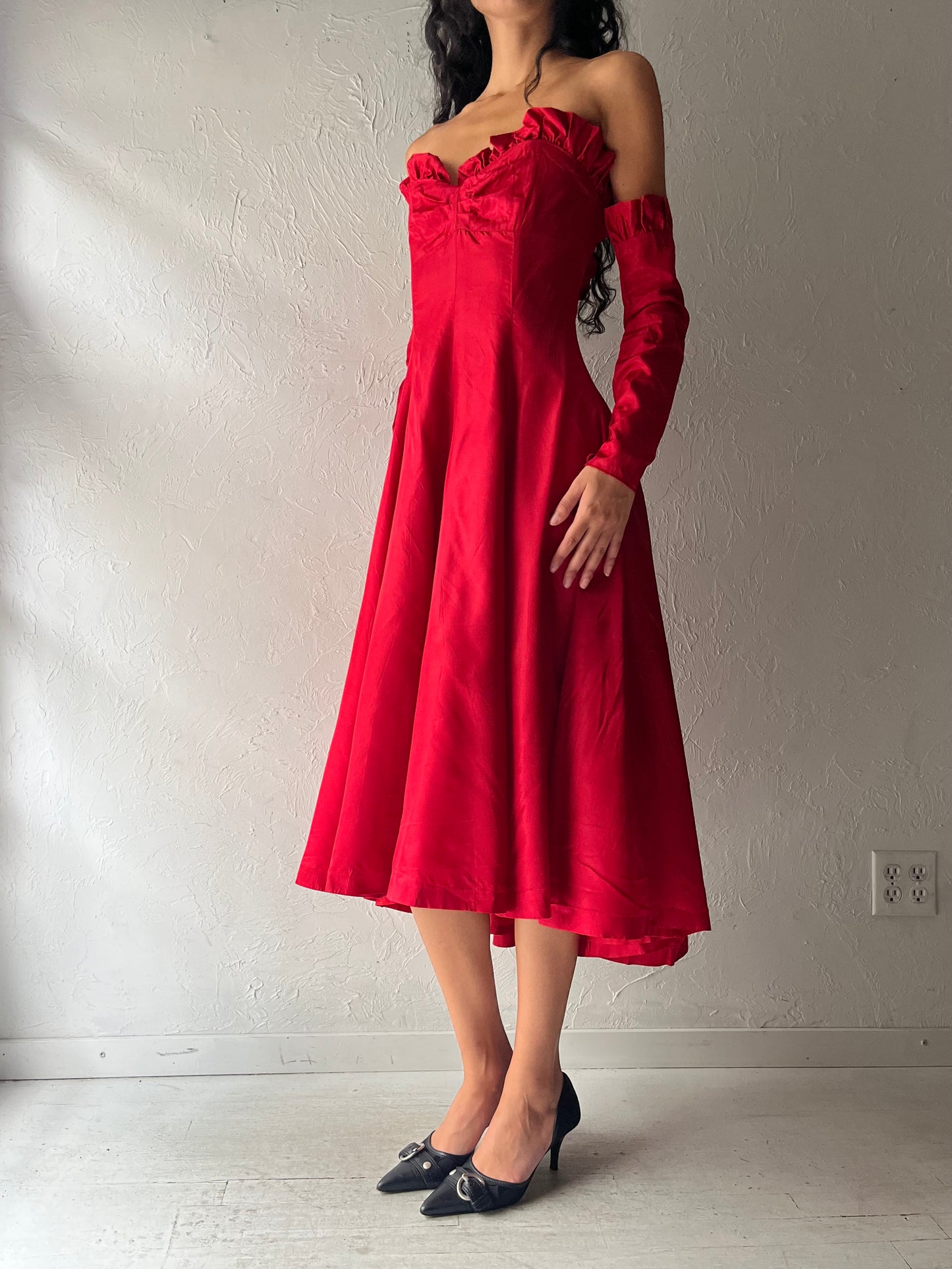 60s Red Strapless Formal Dress / Small