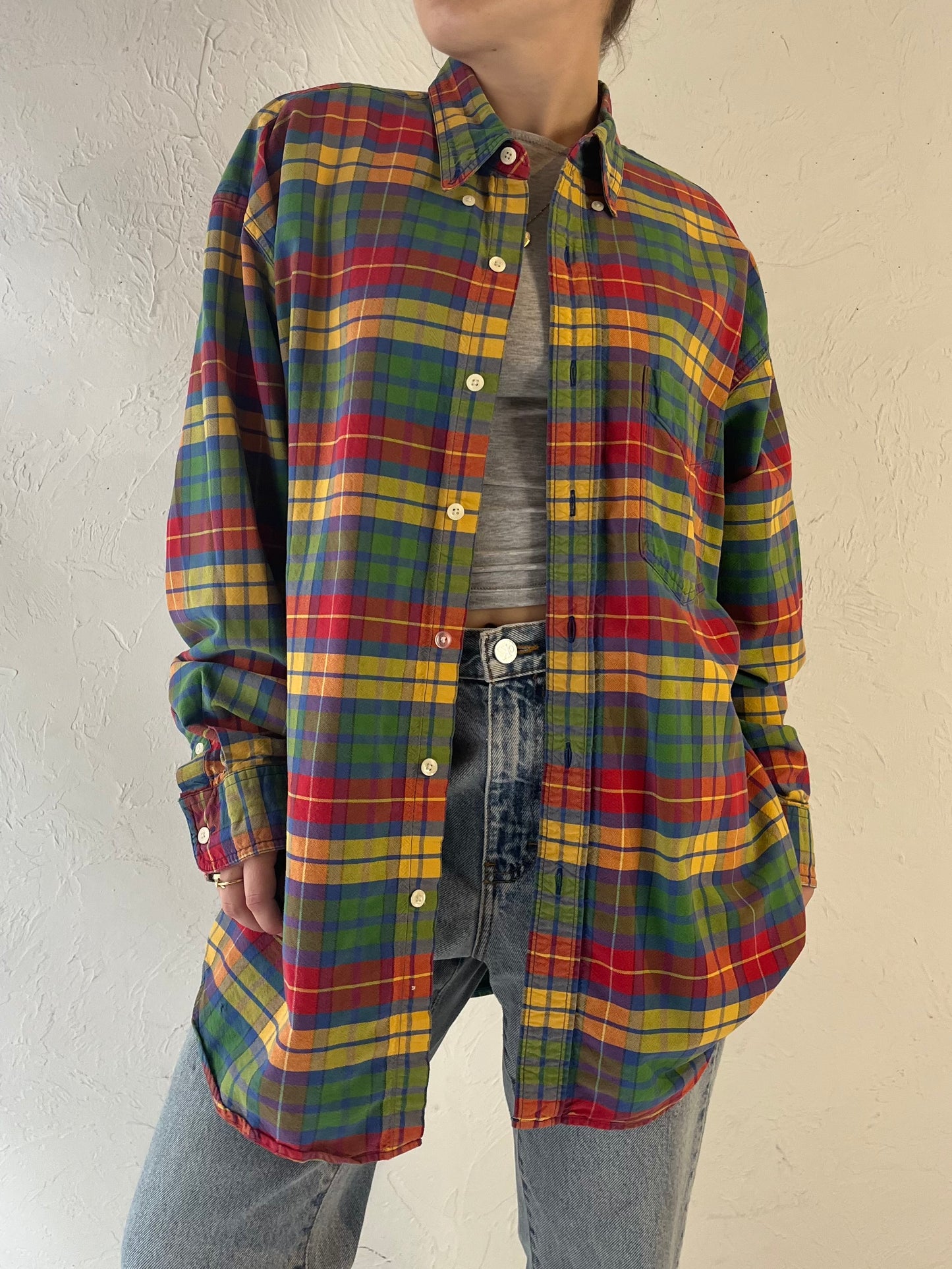 90s 'Gap' Cotton Plaid Button Up Shirt / Large