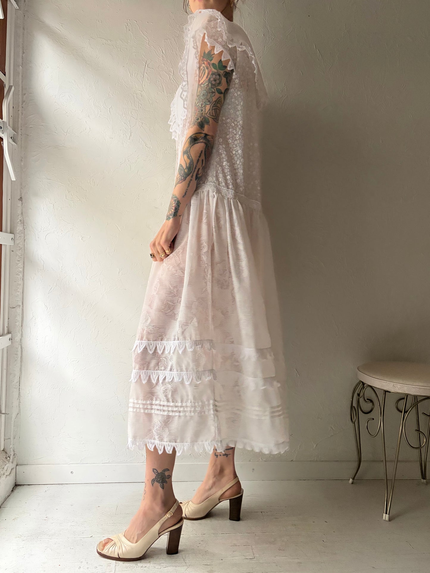 80s ‘Editions’ White Collared Sheer Dress / Large