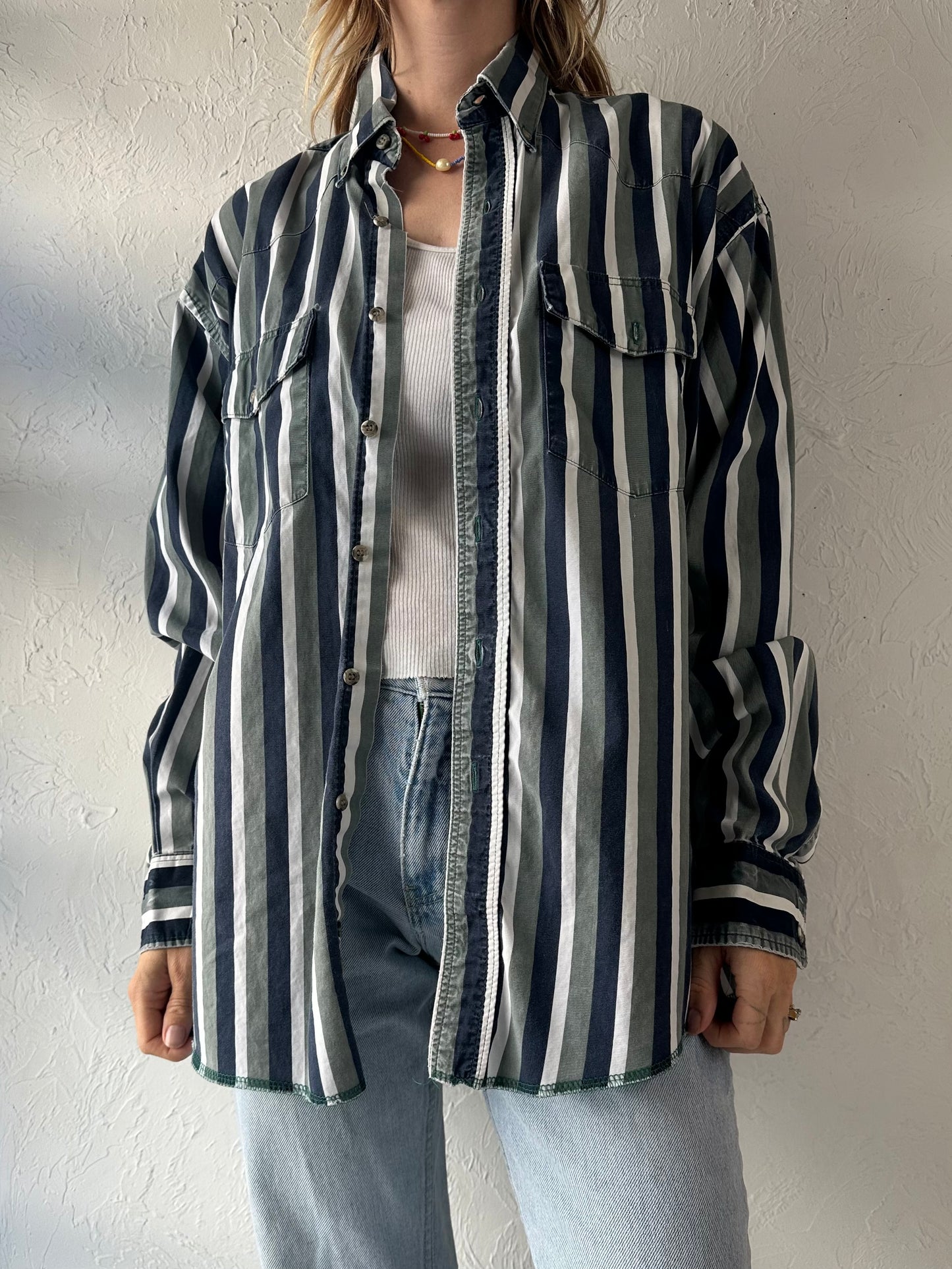 90s 'Wrangler' Striped Button Up Western Shirt / XL