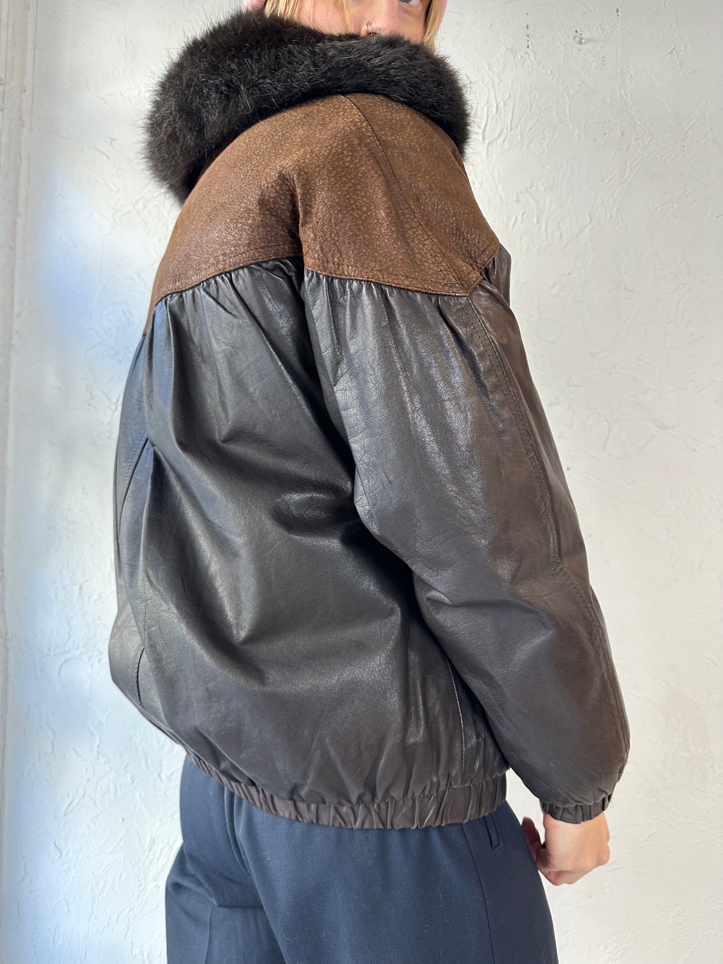 Vintage Brown Fur Lined Leather Bomber Jacket / Small