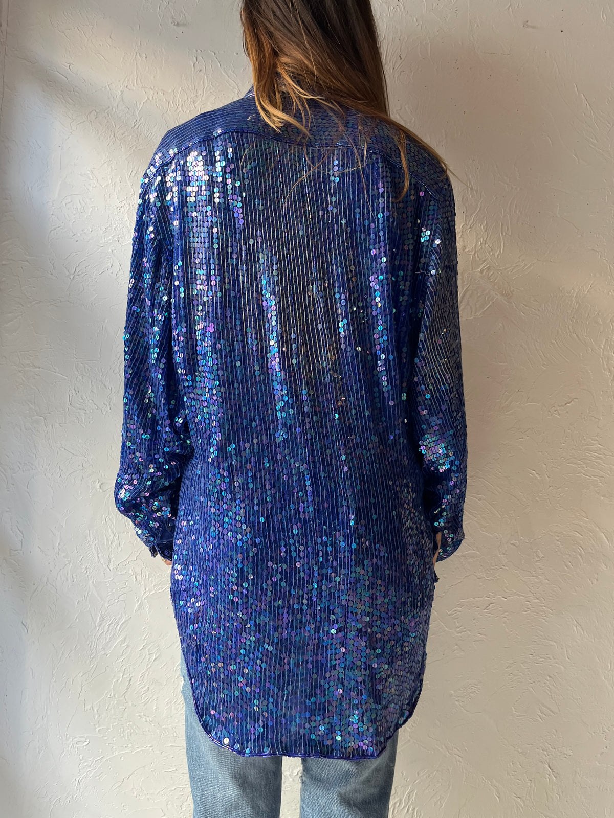 90s ‘VCI Designs’ Blue Sequin Silk Retro Disco Party Oversized Blouse / Meidum
