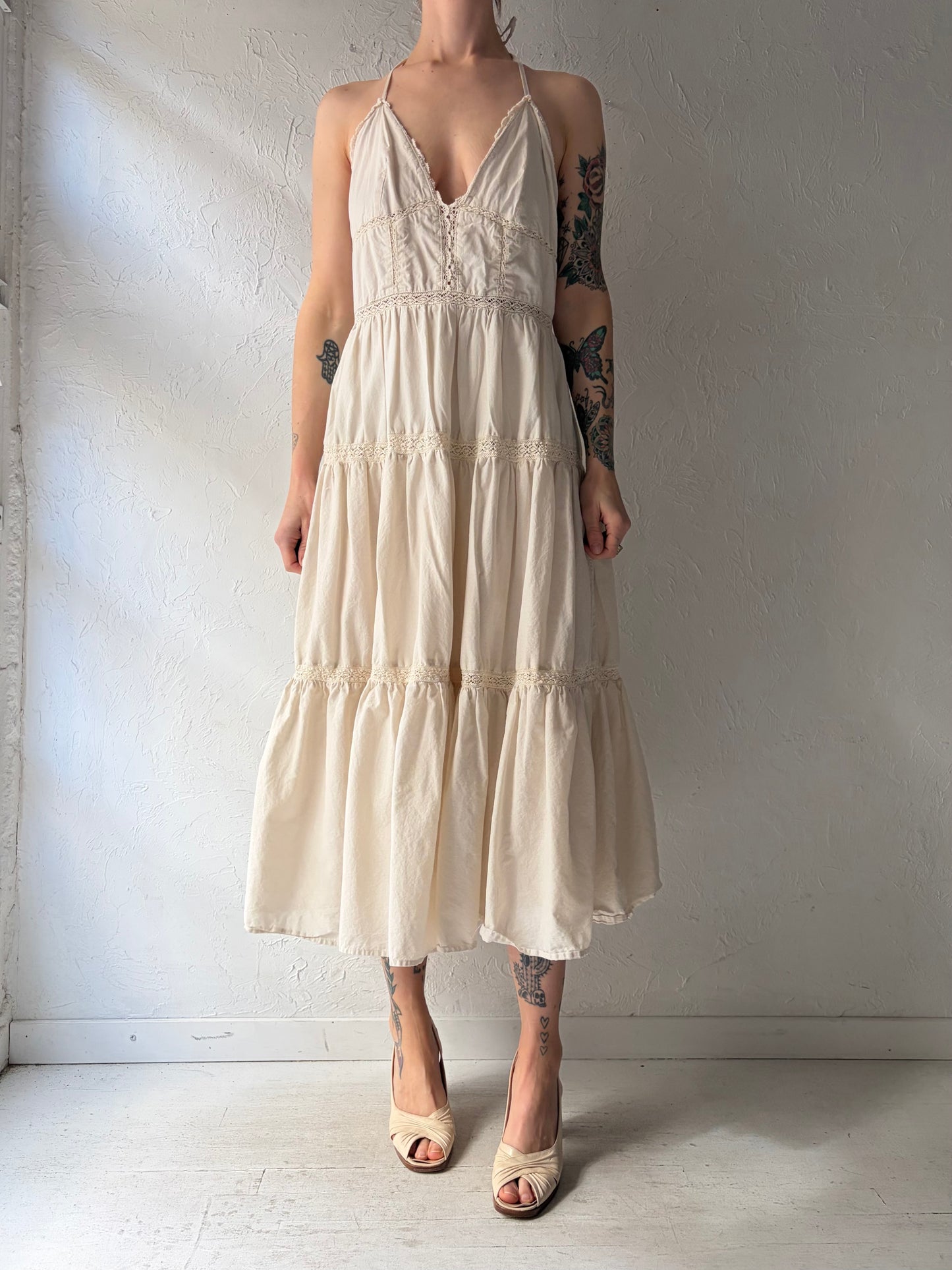 Vintage Cream Cotton Crochet Boho Hippy Dress / Medium