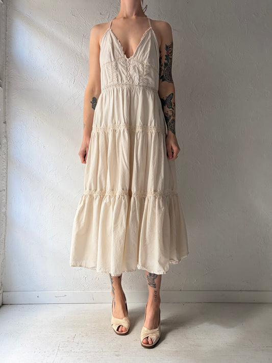 Vintage Cream Cotton Crochet Boho Hippy Dress / Medium
